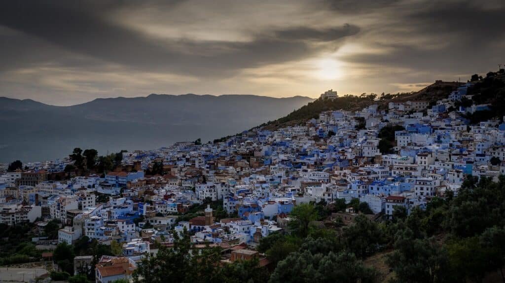 sunset, city, buildings, mountains, houses, residential area, distant view, dusk, nature, twilight, sky, chefchaouen, morocco