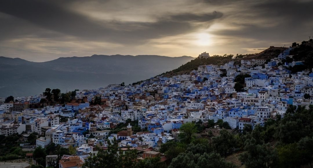 sunset, city, buildings, mountains, houses, residential area, distant view, dusk, nature, twilight, sky, chefchaouen, morocco